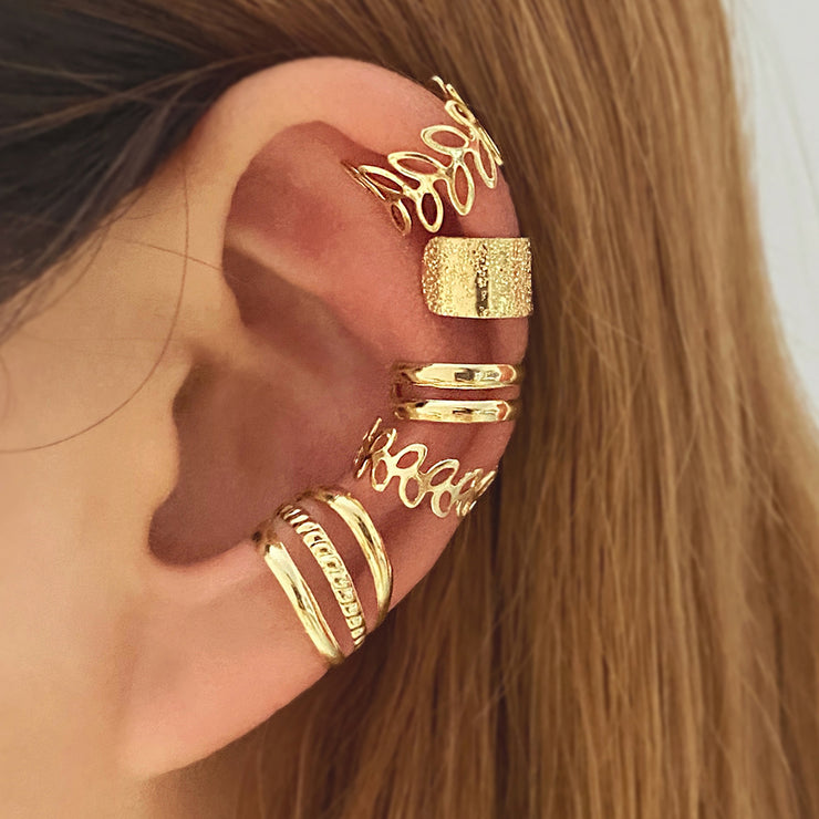 Gold Hollow Out Ear Cuff, 5 Pcs Set Silver or Gold, Leaf Ear Bone Clip Earring, No Piercing Earring, Fake Piercing Cuff, Earring Without Ear Hole 1 1 Gold five piece set  