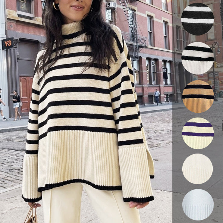 Striped Knit Turtleneck Sweater, Oversize Knitted Pullover Women Loose Casual Pure Cotton Sweater loveyourmom Love Your Mom Light apricot black stripes L 