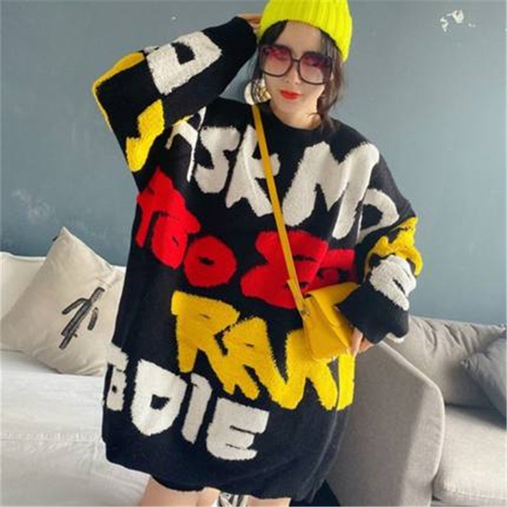 Cartoon Sweater For Women Loose Thick Western Style Women's Clothing loveyourmom Love Your Mom Black Free Size 