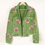 Women Football Embroidered Corduroy Jacket, Baseball Jacket - Rugby Sequin Shacket Jacket 1 1 Green L 