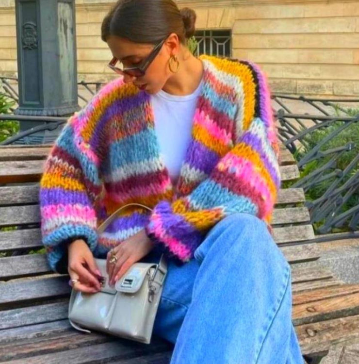 Rainbow Striped Plaid Cardigan Sweater, Colorful Fashion Streetwear Jacket, Multicolor Boho Knit Chunky Sweater, Trendy Copenhagen nordic Sweater 1 1 Picture Color A L 