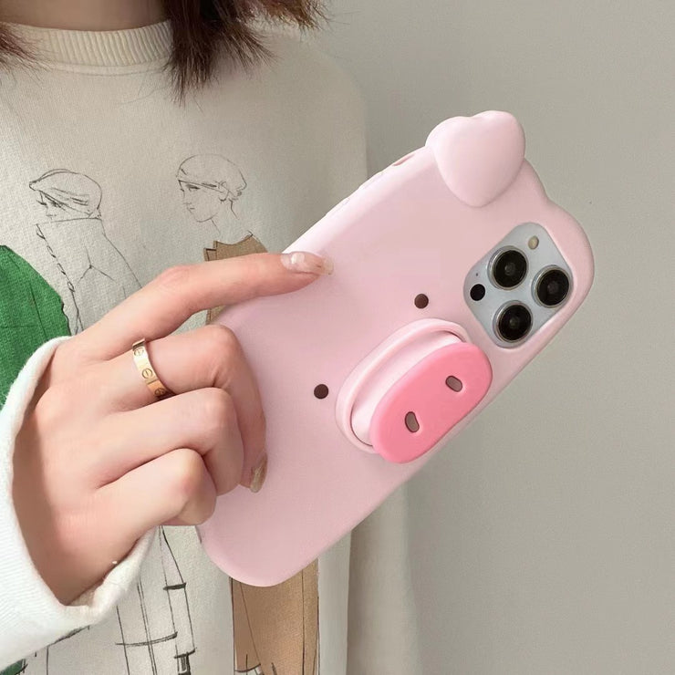 Cut Pig iPhone 14 Case, Pink Piggy Funny Three-dimensional Silicone Phone Case. 1 1 Telescopic Bracket Pig IPhone11 