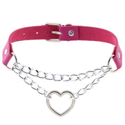 Gothic Round Heart Choker Necklace Collar, Punk Chocker Women Leather - red, black, white, pink, sky blue, rose red, brown 1 1 Rose Red  
