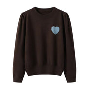 Korean Style Heart Embroidered Round Neck Sweater loveyourmom Love Your Mom Brown Free Size 