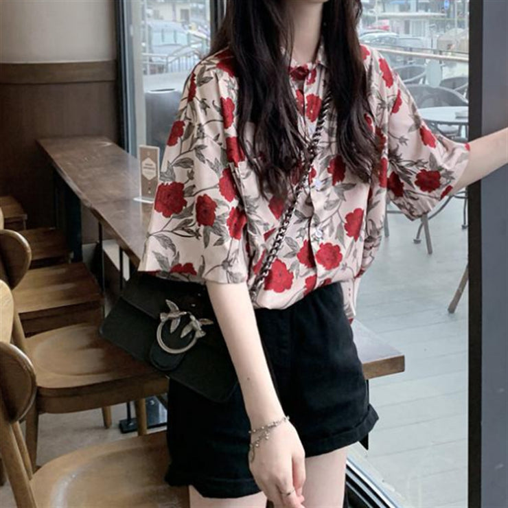 Red Florals Rose Short Sleeve Blouse Shirts, V Neck Tunics For Work Office Daily Wear loveyourmom Love Your Mom   