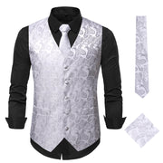 Men's 3Pc Paisley Waistcoat Set with Necktie Pocket Square | Victorian Steampunk Embroidered Vest | Formal Business Attire loveyourmom Love Your Mom White Silver 2XL 