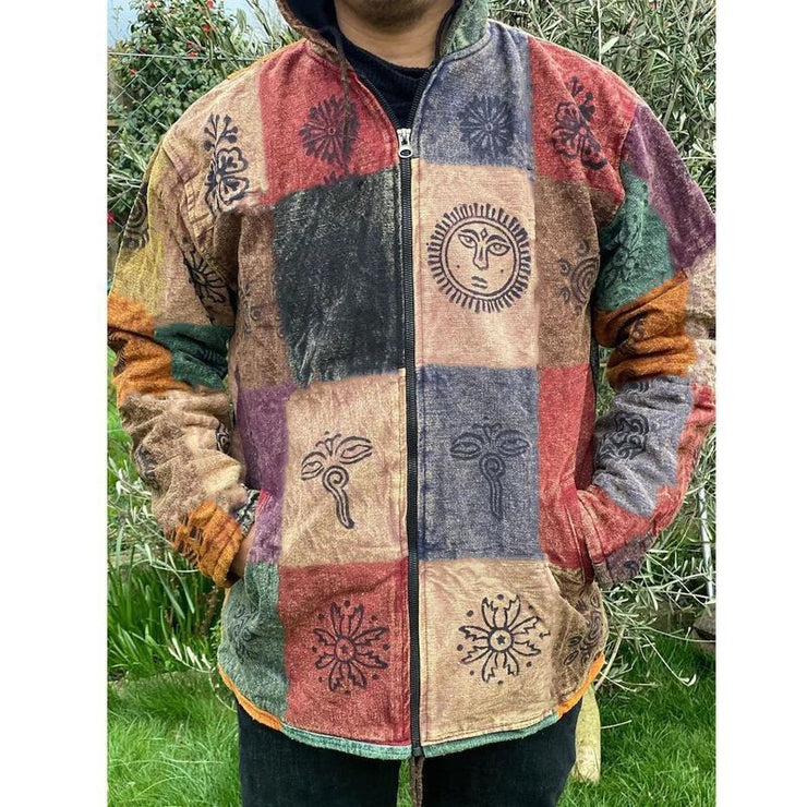 Unisex Winter Hippie Jacket, Zodiac Spiritual Patched Jacket With Inside Rave Goa Festival Fleece 1 1   