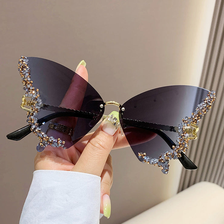 Butterfly Sunglasses, Encrusted Rim Sunglasses 1 1 Gradient Blue Grey  