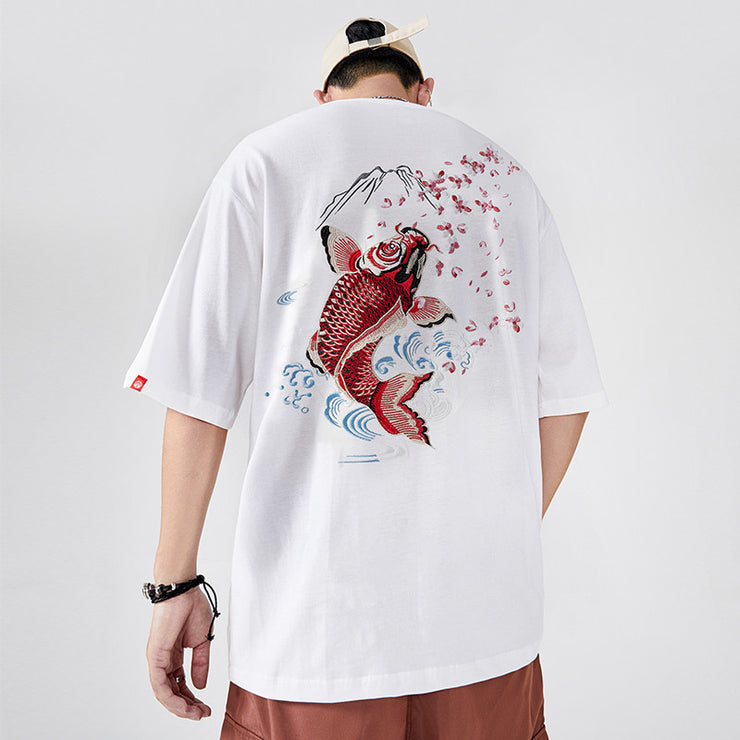 Carp Fishing Embroidered Shirt Men, Aesthetic Fisherman Cotton tshirt, Japanese Fishing Crewneck Short Sleeve Shirt 1 1   
