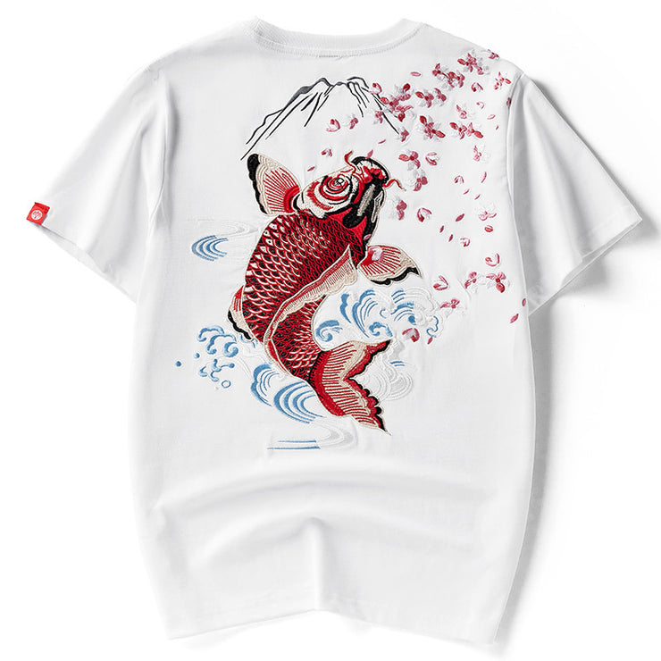 Carp Fishing Embroidered Shirt Men, Aesthetic Fisherman Cotton tshirt, Japanese Fishing Crewneck Short Sleeve Shirt 1 1 White 2XL 