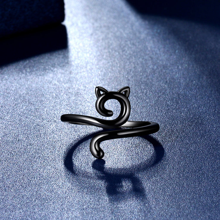 Cute Cat Kitty Adjustable Ring, 925 Sterling Silver, Womens Girls Jewellery Gift Xmas 1 1 Black adjustable 