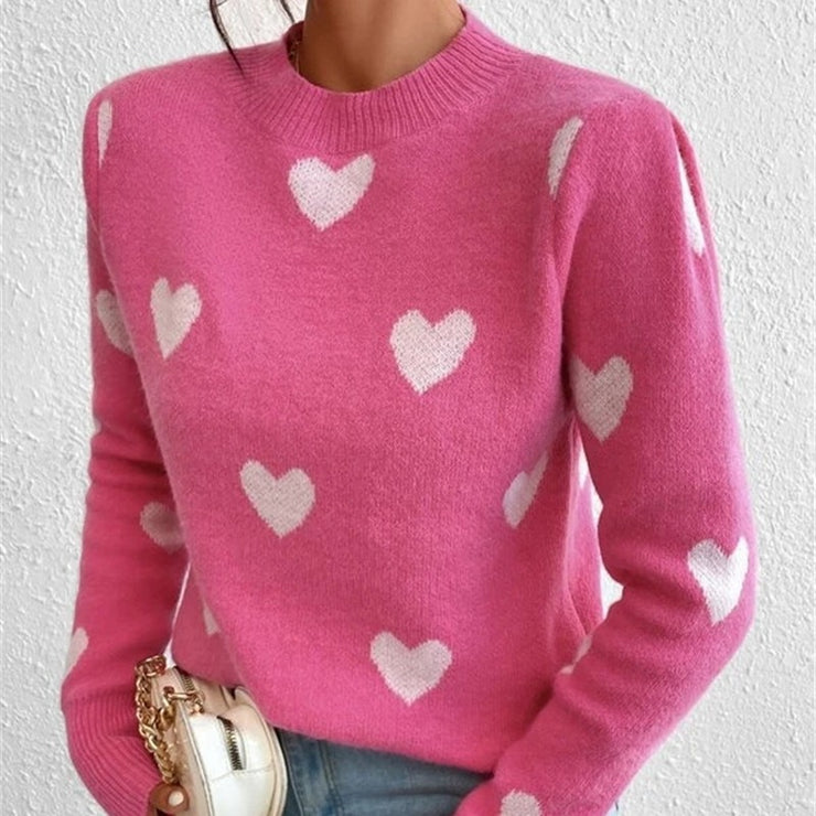 Women's Sweater Heart Pattern Sweater, Loose Round Neck Knitted Pullover Sweater loveyourmom Love Your Mom   