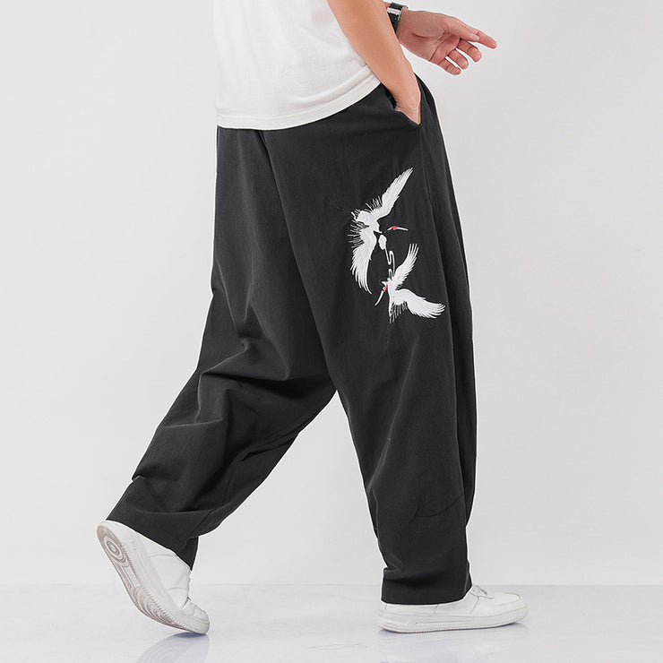 Chinese Style Embroidery Pants | Bird tao Japan streetwear Loose Size Bloomers Linen Trousers  | Cotton Linen Elastic Waist Pants 1 1 black 2XL 