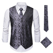 Men's 3Pc Paisley Waistcoat Set with Necktie Pocket Square | Victorian Steampunk Embroidered Vest | Formal Business Attire loveyourmom Love Your Mom Dark Gray 2XL 