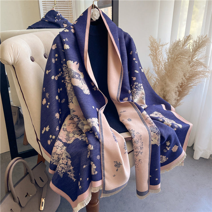 Japan Floral Design Women Warm Winter Scarf Pashmina Shawls Wraps, Thick Neck Scarves Bufanda 1 Love Your Mom Blue 180x 65cm 
