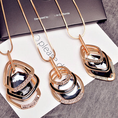 Gold and Silver Color Water Drill Long Necklace Triangle Oval Glass Pendant Necklace loveyourmom Love Your Mom   