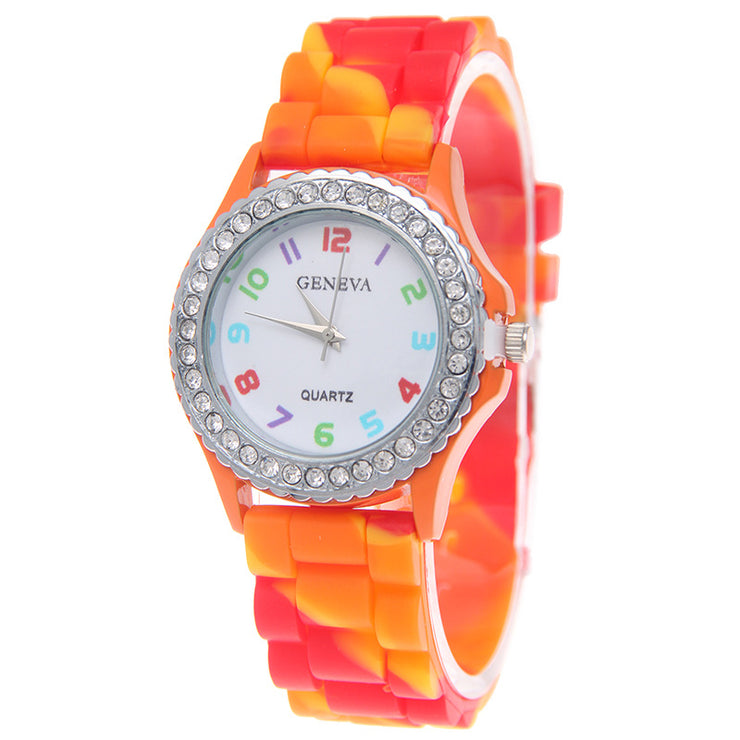 Cute Tie Die CZ Stones Watch, Luxury Designer Watch, Dual Time Colorful Watch for Women, Lightweight 1 1 Orange  