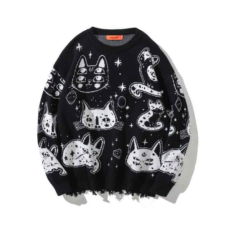 Cute Cats Sweaters, Oversize Goth Long Sleeve Korean Style y2k Top Harajuku, Black White Cats Lover Gift 1 1 Black 2XL 