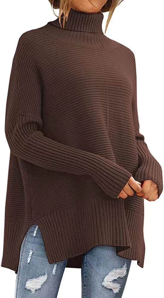 Cozy Women's Oversized Turtleneck Sweater, Fall Batwing Sleeve Ribbed Tunic Sweater loveyourmom Love Your Mom Brown L 