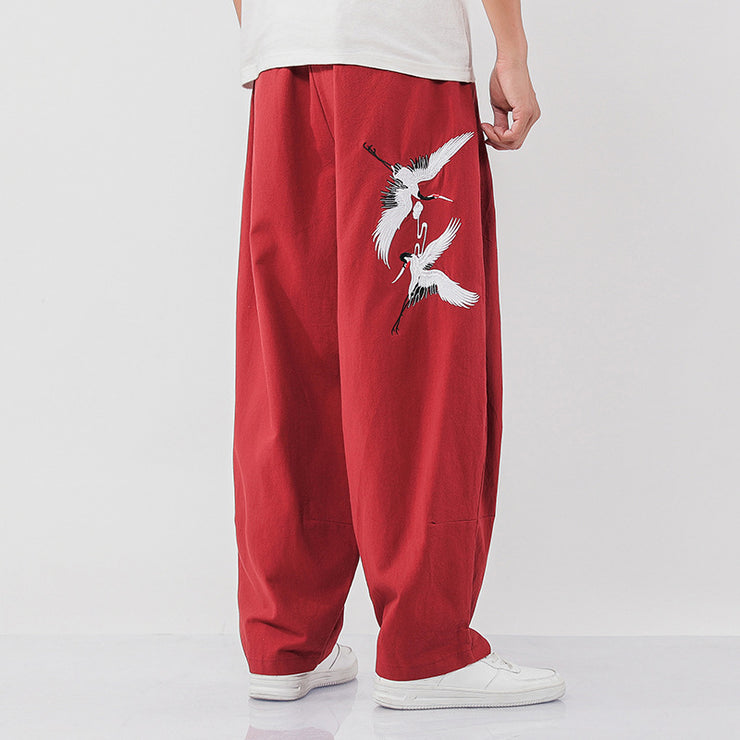 Chinese Style Embroidery Pants | Bird tao Japan streetwear Loose Size Bloomers Linen Trousers  | Cotton Linen Elastic Waist Pants 1 1 Red 2XL 