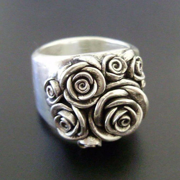 Sterling silver Rose Engraved Ring, 925 silver Wide band, Engraved rose ring, Vintage rose ring, Boho Romantic jewelry 1 1 Silver Size 10 