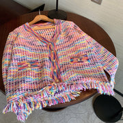 Rainbow Velvet Tassel Sweater Coat, Loose Fit Aesthetic Designer Sweater, Crochet Christmas Sweater Coat, Bohemian Fashion Coat 1 1   