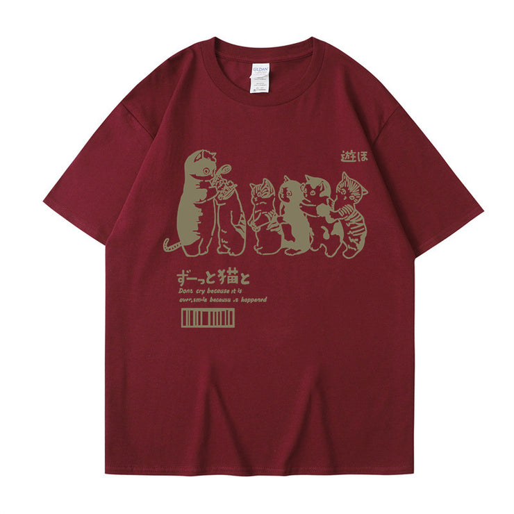 Japanese Cartoon Cat Shower Street Unisex Oversized T-Shirt, Cute Hip Hop Street tee Casual Cotton Summer Short Sleeveה 1 1 Wine Red L 