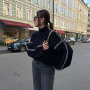 Black Copenhagen Style Crewneck Sweater, Nordic Aesthetic Pullover Scandinavian Patchwork Sweater, Fashion Mock Neck Sweater 1 1   