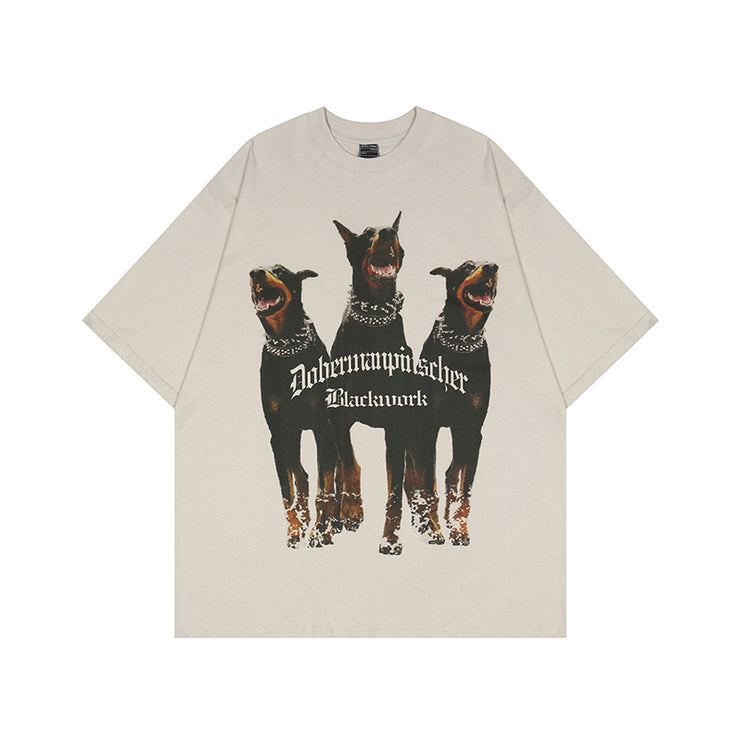 Mens Oversized T Shirt Streetwear Hip Hop Rottweiler Doberman Print, Harajuku Rave Washed Cottonv 1 1   