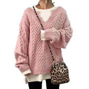 Paris Retro Cable Knit Sweater for Women V Neck Loose Casual Pullover Solid Color Fashion Jumper Tops Long Sleeve Comfort Soft Sweaters loveyourmom Love Your Mom Pink 2XL 