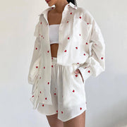 Red Hearts Women Cotton Tracksuit Shirt Shorts, Cute Two Piece Set Ruffle Love Long Sleeve Shorts Suit, Summer Casual Female Outfits‎ 1 1 White Love 2XL 