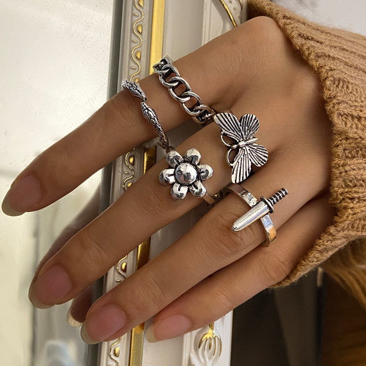 Vintage Silver Punk Rings for Women Girls Men,Cool Goth Skull Band Ring Set,Chunky Stackable Knuckle Eboy Ring,Y2K Ace Heart Angel Butterfly Ring Pack 1 1 6color  