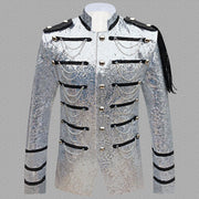 Men's Luxurious Sequin Blazer | Sparkling Fashion Military Uniform Suit Jacket | Party Prom Vintage Jacket Tops loveyourmom Love Your Mom Silver 2XL 