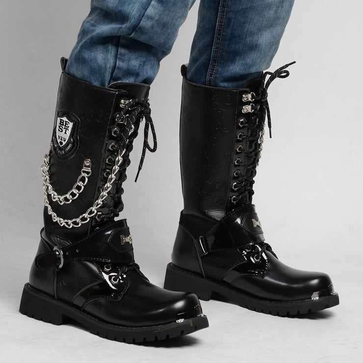 Men's Punk Style Motorcycle Boots Men Mid-calf Military Combat Boot Lace Up Metal Chain Retro Gothic London Style Boots 1 1   