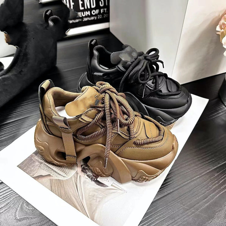Women Sneakers Leather Platform Sneakers Women Casual Shoes Chunky Sneaker 6CM Increase Designer Thick Sole - Black, Brown ,White 1 1   