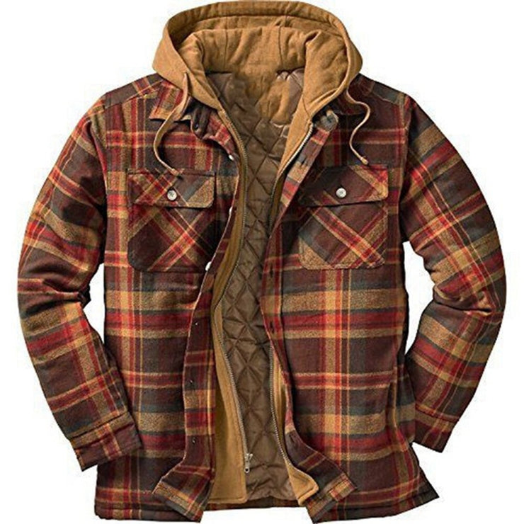 New York Retro Plaid Hooded Flannel Padded Jacket, Zip Up Heavyweight Thermal Lined Button Down Varsity Jacket Plus Size 5XL loveyourmom Love Your Mom Brown 3XL 