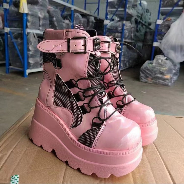 Womens High Platform Boots Fashion Rivet Goth High Heels Boot, Ladies Rave Festival Back Pink Punk Shoes Woman Rivet Comfortable Wedges Ankle Boots 1 1   