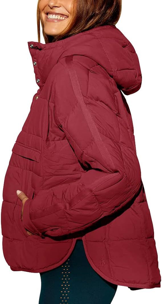 90's Oversized Puffer Jacket, Quilted Dolman Hoodies Pullover Long Sleeve Lightweight Warm Tops Coat. 1 1 Wine Red L 