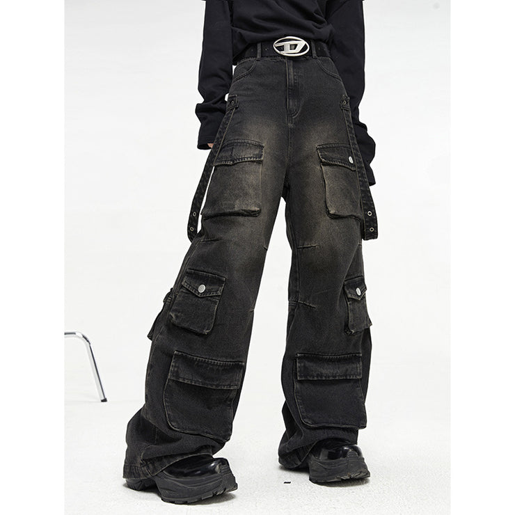 Balck Raver Multiple Pockets Lace-up Opiumcore Jeans, Unisex Baggy Denim Pants Plus Size Mopping, Y2k Streetwear Harajuku Baggy Multi-Pocket Blue Denim Cargo Pants 1 1   