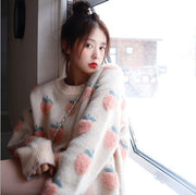 Cute Knitted Cute Strawberry Printed Sweater, Winter Holiday Crewneck Sweater 1 1 Pink One size 