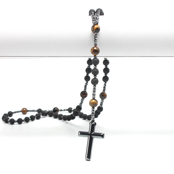 Tiger Eye Cross Necklace, Black Obsidian and Hematite Christ Healing Crystal Necklaces with Cross Pendant Necklace loveyourmom Love Your Mom   