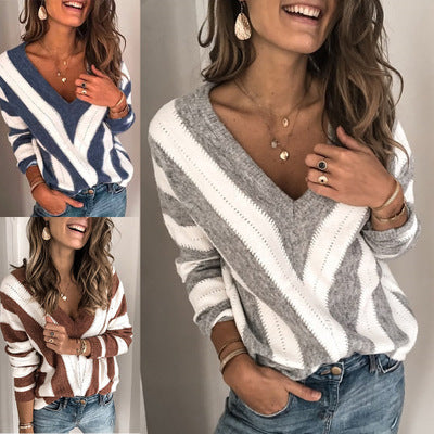 Women's V Neck Stripes Casual Jumpers Knit Sweater, Vintage Knitted Pullover Cardigan  Long Sleeve Lightweight Tops loveyourmom Love Your Mom   