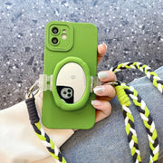 Green Mirror iPhone 14 Case + Crossbody Strap, Boho Back Splint Lanyard Shell iPhone Case 1 1   