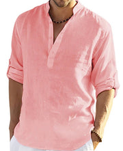 Men's Linen Long Sleeve T-Shirt For Beach, Party Loose Casual Spring Autumn 1 1 Pink red 2XL 