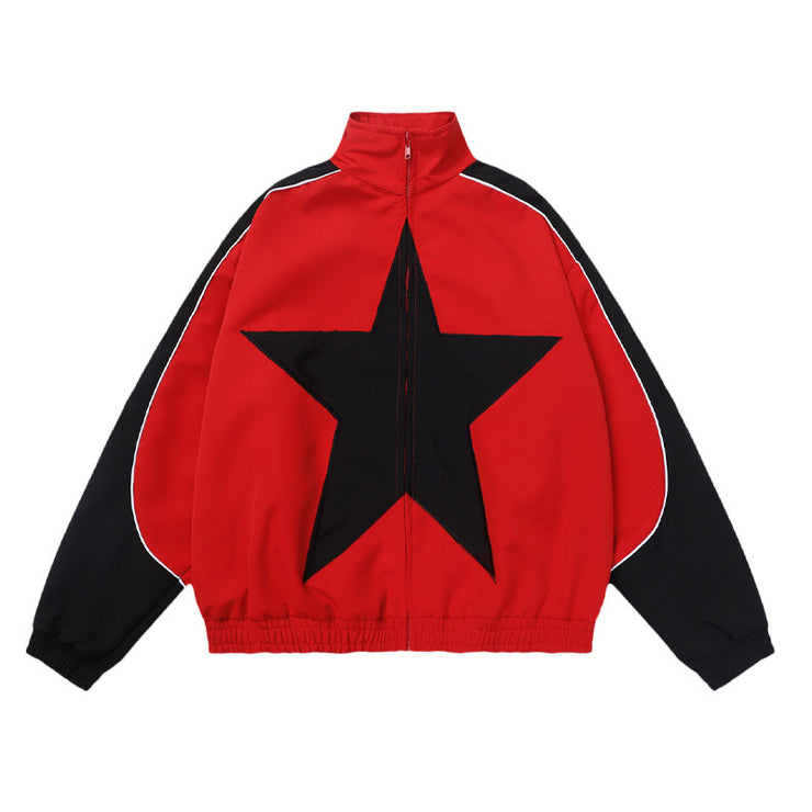 Pentagram Star Patchwork Retro Bomber Jacket, Unisex Berlin Street Varsity Coats Oversized Harajuku Y2k Sport Outwear Auitumn. 1 1 Red L 