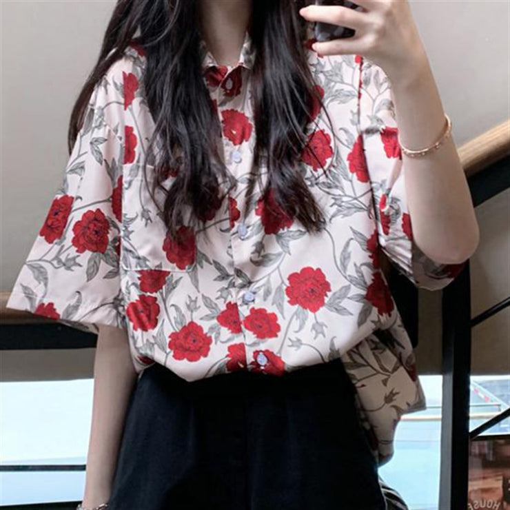 Red Florals Rose Short Sleeve Blouse Shirts, V Neck Tunics For Work Office Daily Wear loveyourmom Love Your Mom   