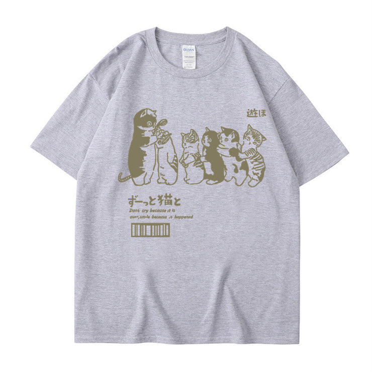 Japanese Cartoon Cat Shower Street Unisex Oversized T-Shirt, Cute Hip Hop Street tee Casual Cotton Summer Short Sleeveה 1 1 Light Gray L 