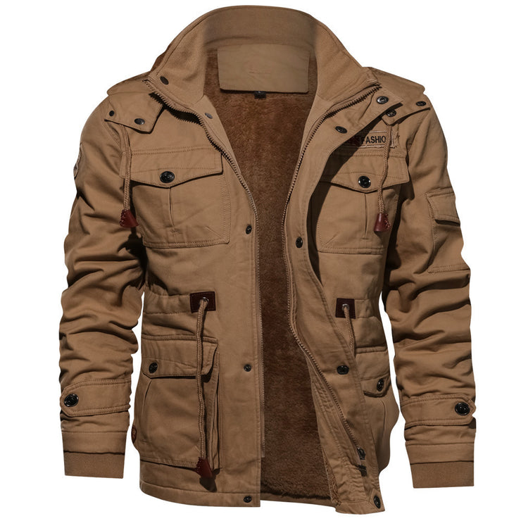 Detroit Winter Warm Fleece Inner Jacket Coat, Multi Pocket Cargo Bomber Jacket Parkas Male Retro Tactical Coat loveyourmom Love Your Mom Khaki 2XL 