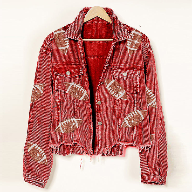 Women Football Embroidered Corduroy Jacket, Baseball Jacket - Rugby Sequin Shacket Jacket 1 1 Red L 