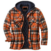 New York Retro Plaid Hooded Flannel Padded Jacket, Zip Up Heavyweight Thermal Lined Button Down Varsity Jacket Plus Size 5XL loveyourmom Love Your Mom Orange 3XL 